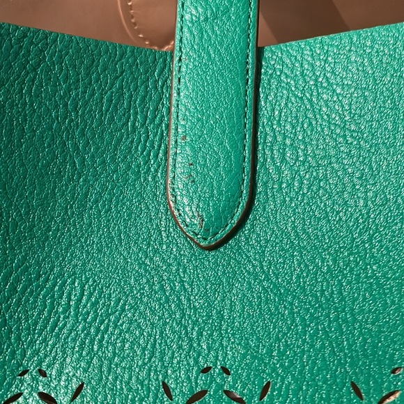 RALPH LAUREN Laser Cut Perforated Chantilly Tote Bag Clutch Green Purse Leather - Picture 13 of 16
